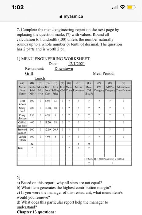 1:02 myasm.ca 7. Complete the menu engineering
