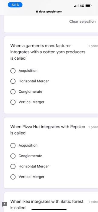 5:16 4G docs.google.com Clear selection 1 point