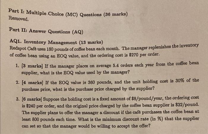 question 3 only Part I: Multiple Choice (MC)