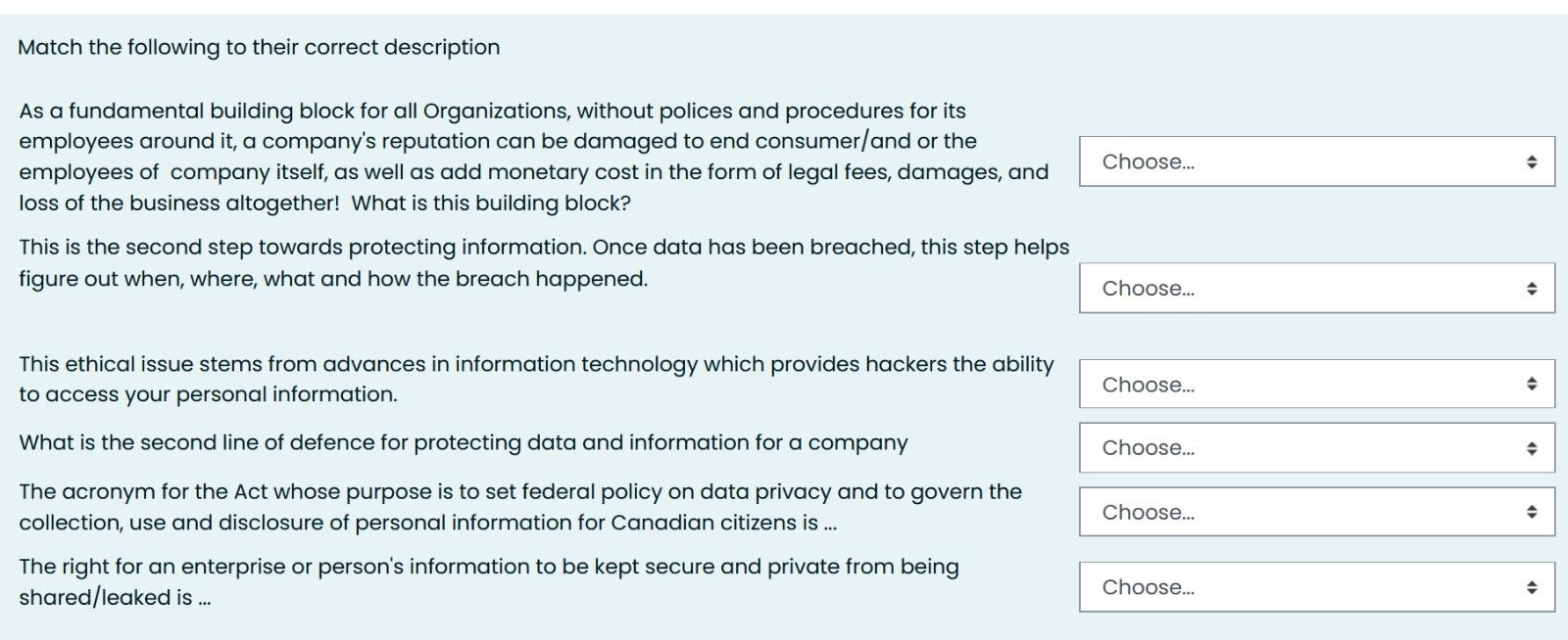Match the following to their correct description
