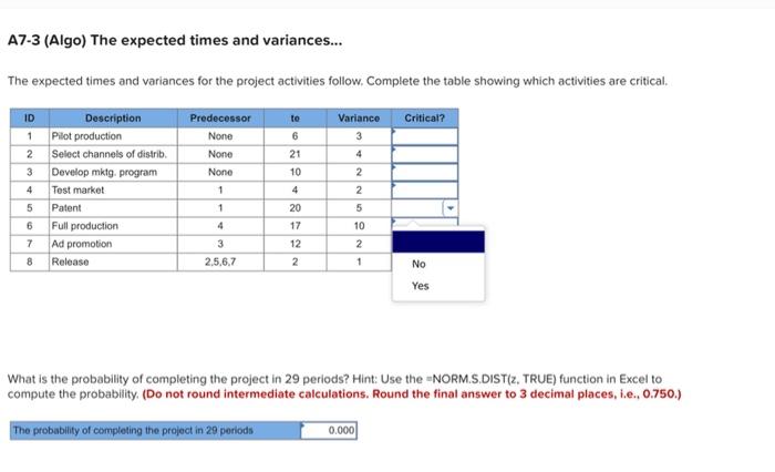 A7-3 (Algo) The expected times and variances...
