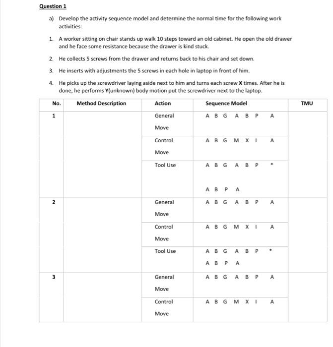 Question 1 a) Develop the activity sequence model