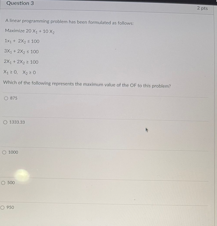 please help Question 3 2 pts A linear programming