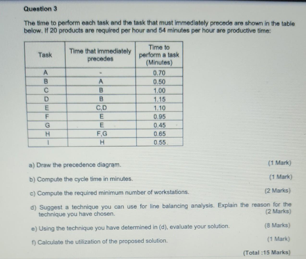 Question 3 The time to perform each task and the