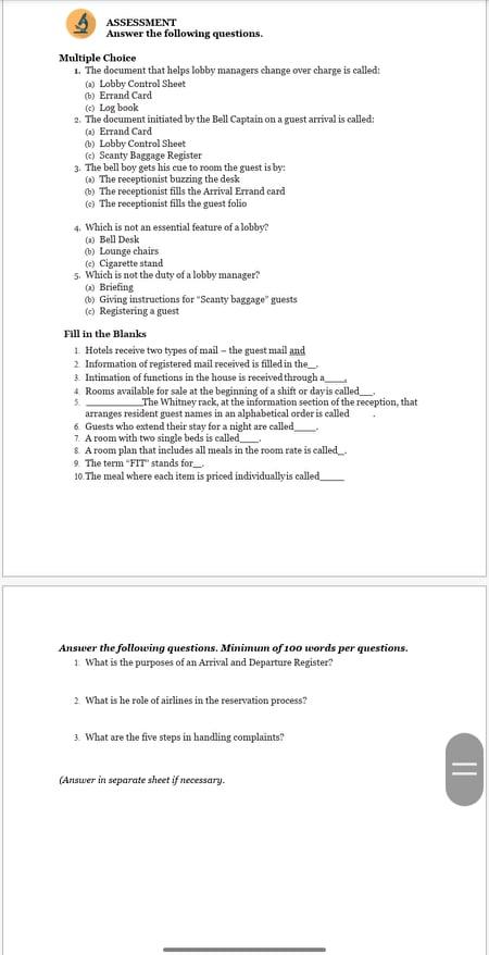 ASSESSMENT Answer the following questions.