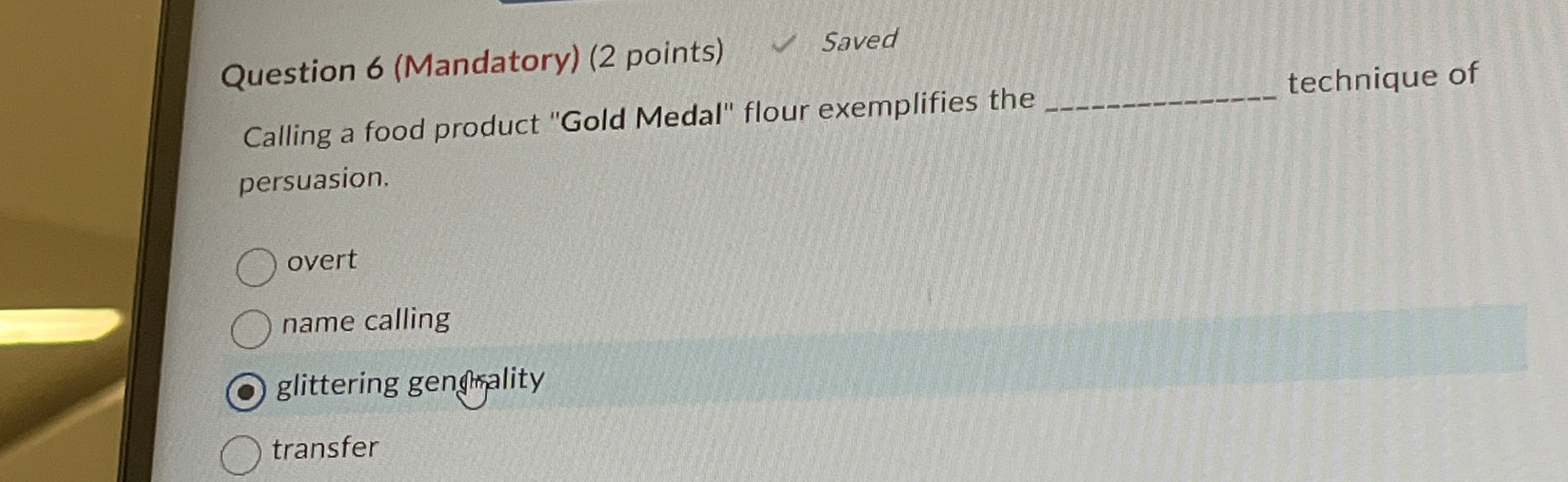 Question 6 ( Mandatory ) ( 2 points ) Saved