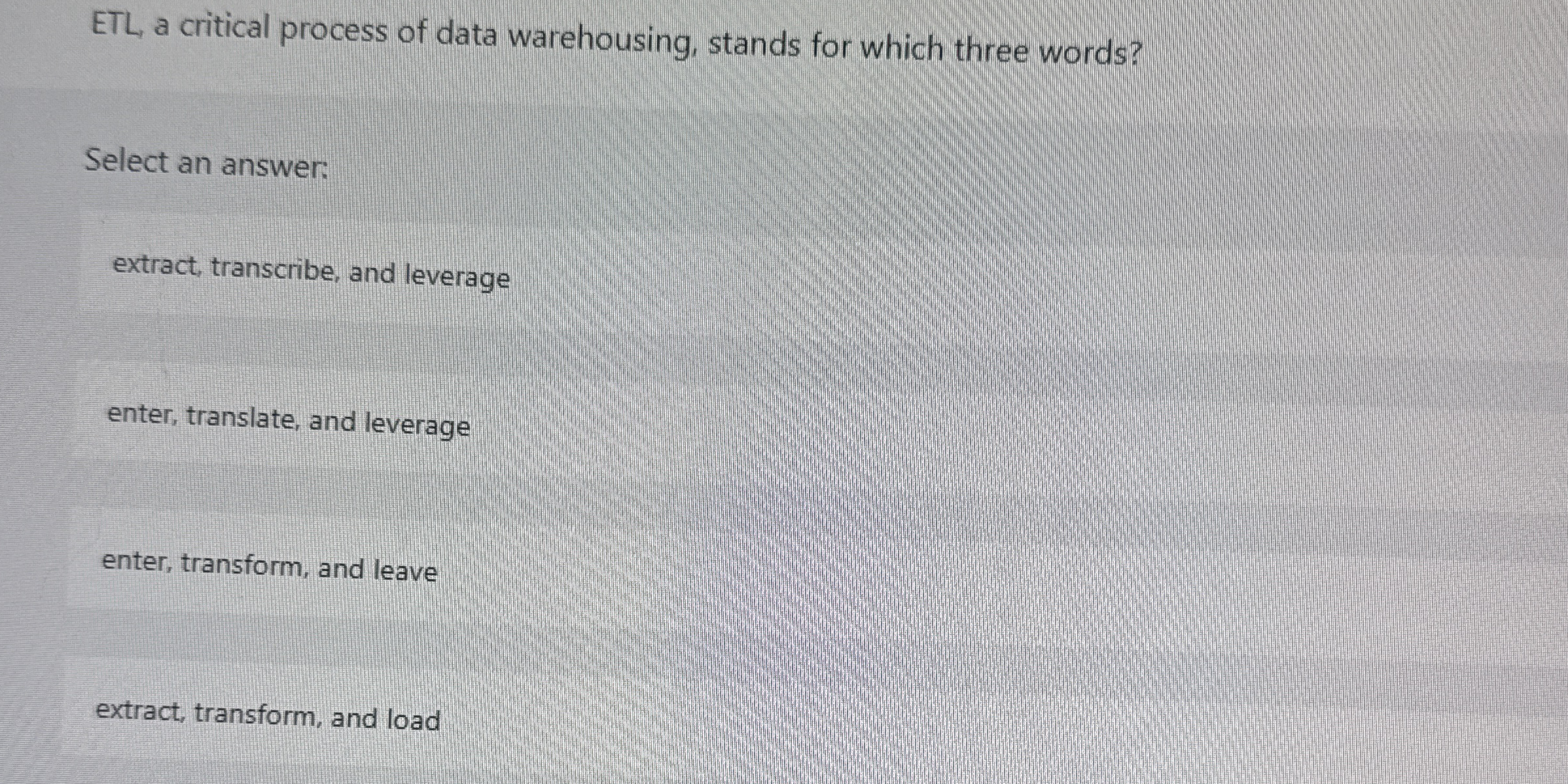 ETL, a critical process of data warehousing,