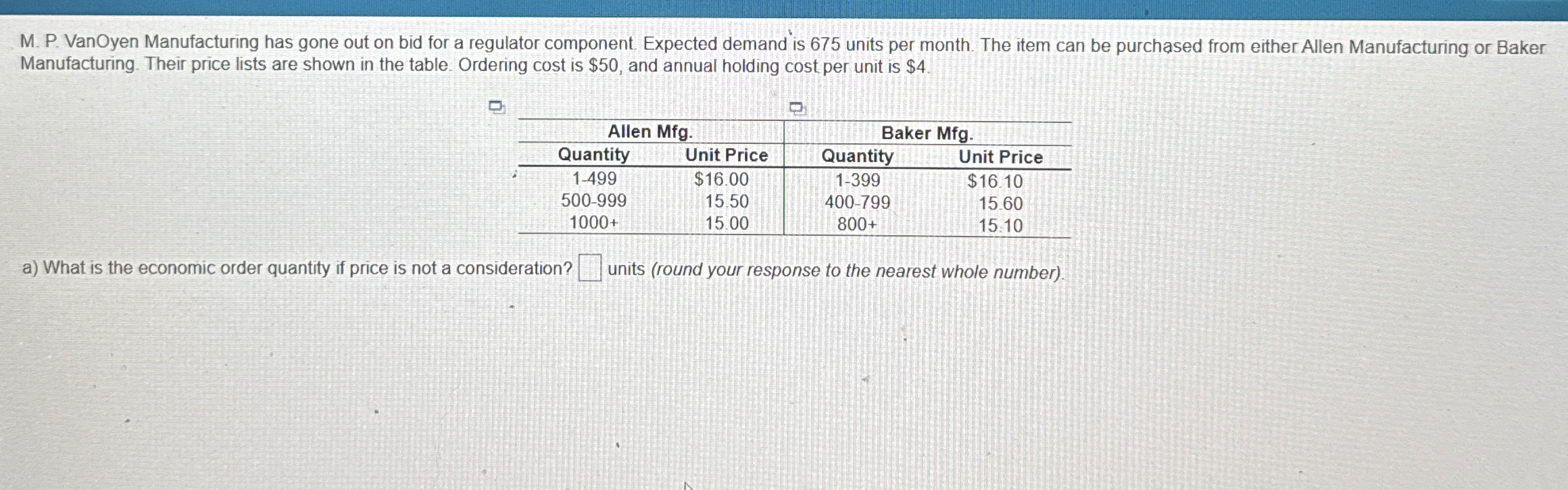 M . P . VanOyen Manufacturing has gone out on bid