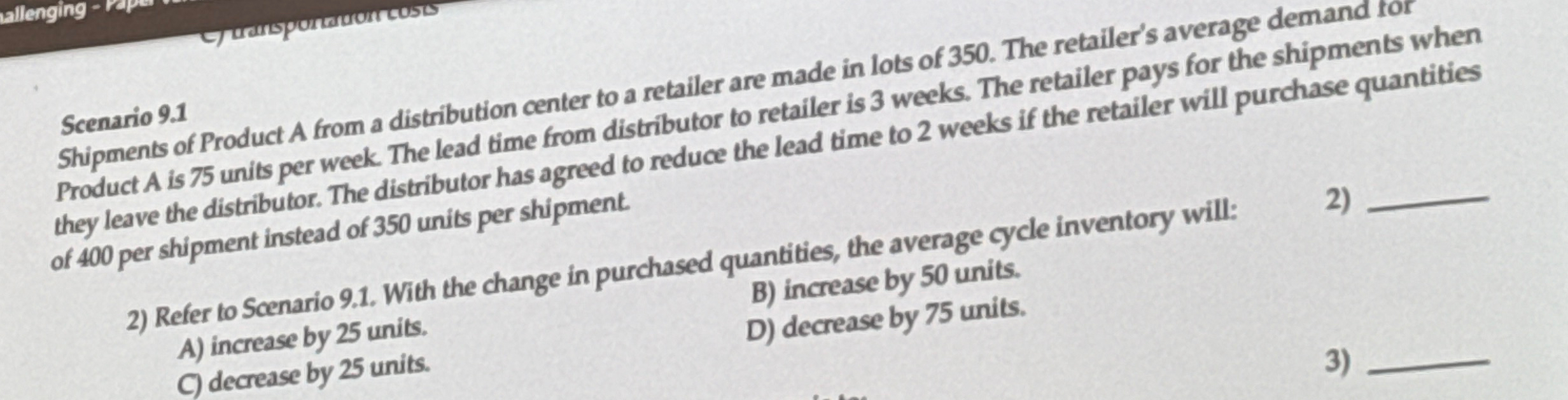 Scenario 9 . 1 Shipments of Product A from a