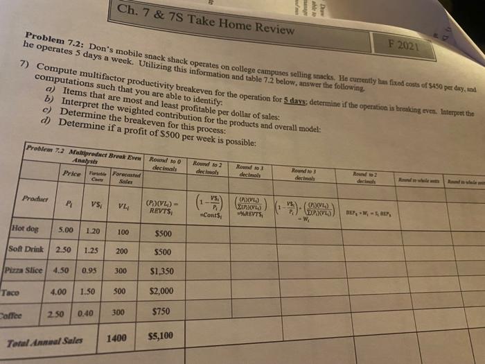 ** Ch. 7 & 7S Take Home Review who Problem 7.2: