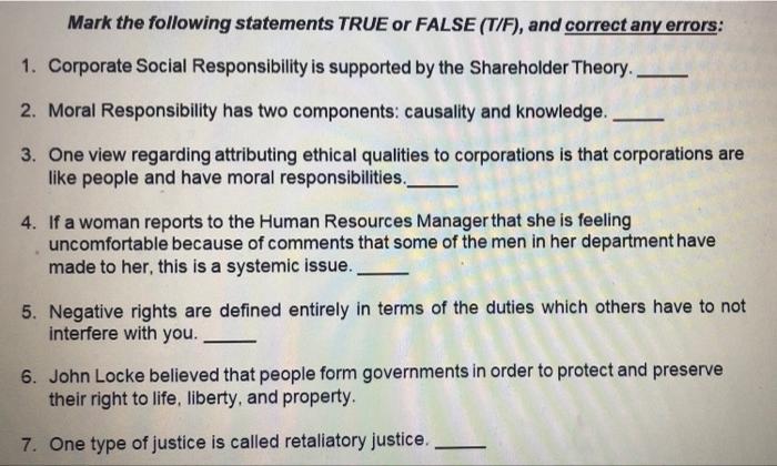 Mark the following statements TRUE or FALSE