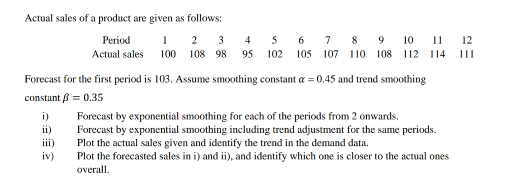 Actual sales of a product are given as follows: