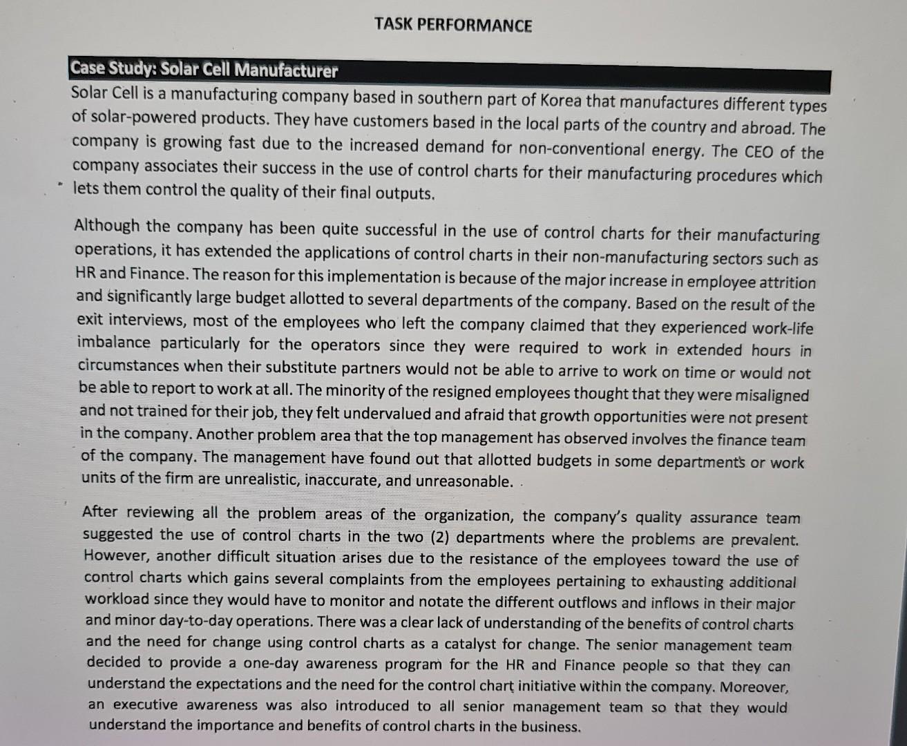 TASK PERFORMANCE Case Study: Solar Cell
