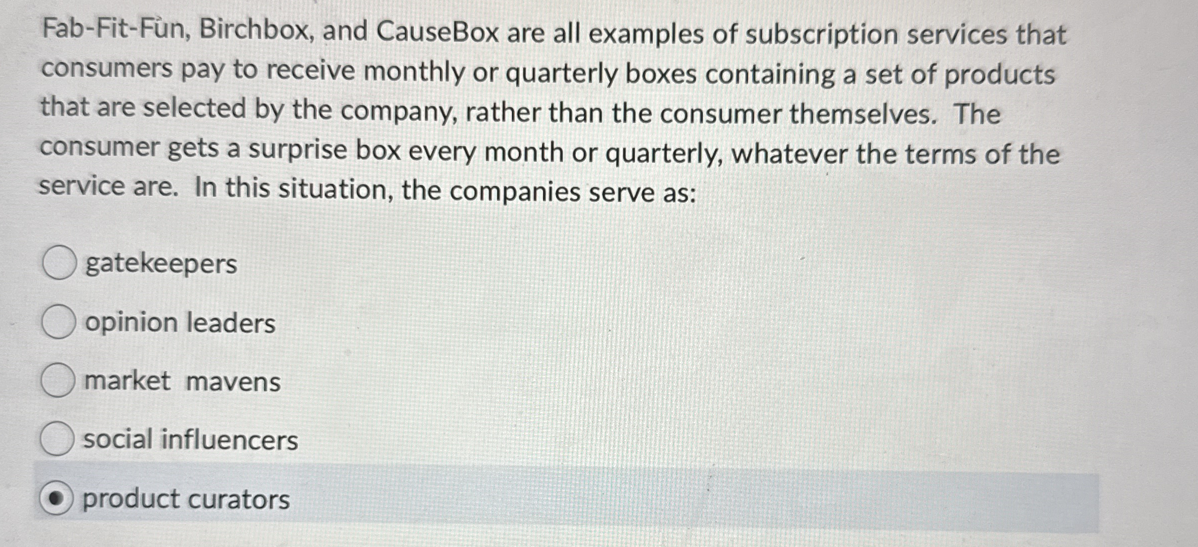 Fab - Fit - Funn, Birchbox, and CauseBox are all