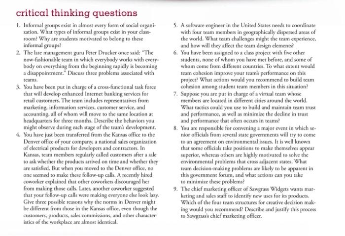 a critical thinking questions 1. Informal groups