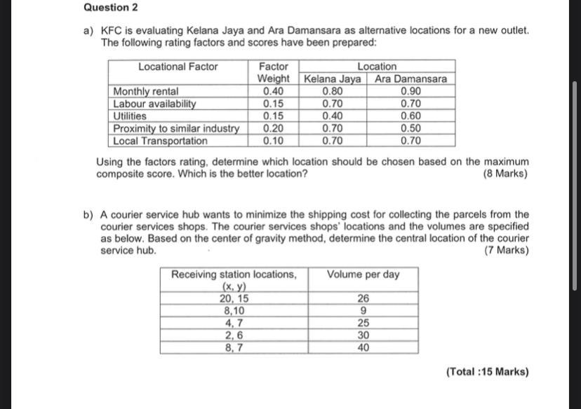 Question 2 a) KFC is evaluating Kelana Jaya and