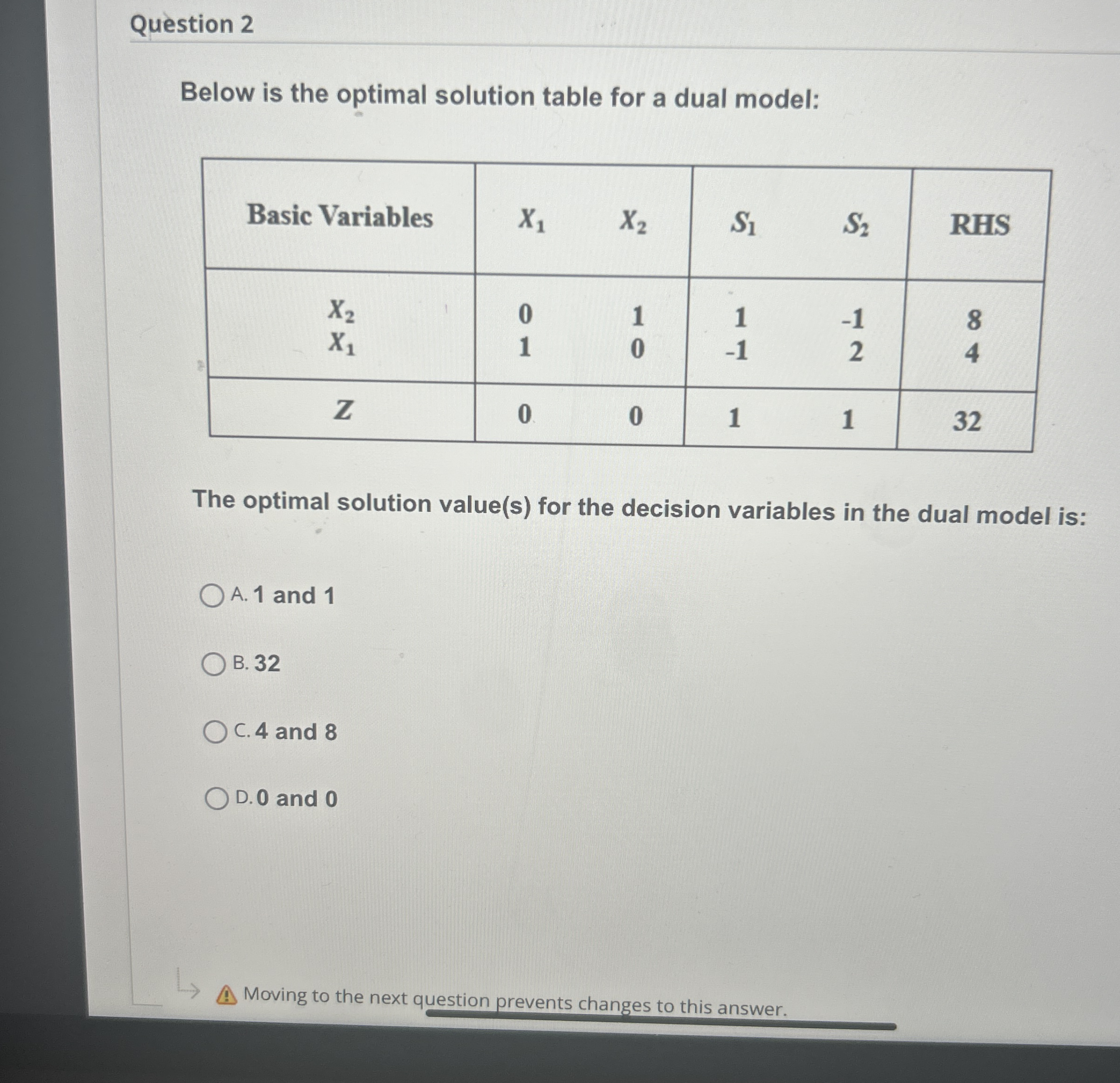 Question 2 Below is the optimal solution table