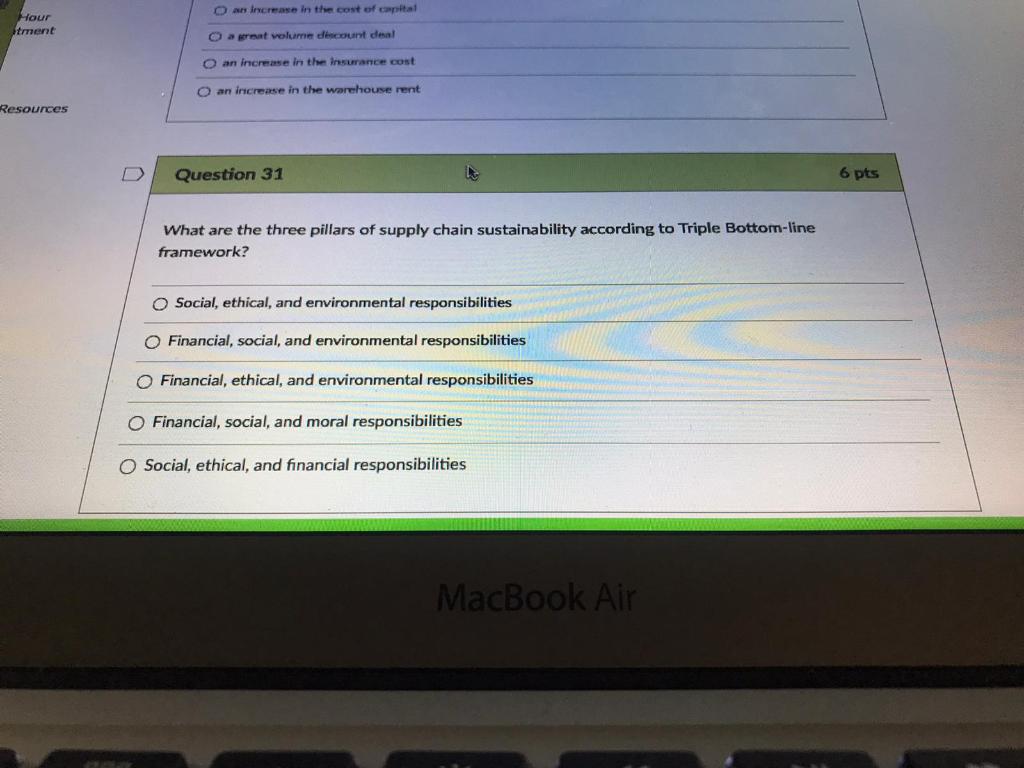O an increase in the cost of capital Hour tment O