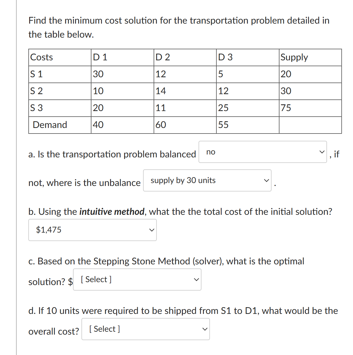 Find the minimum cost solution for the