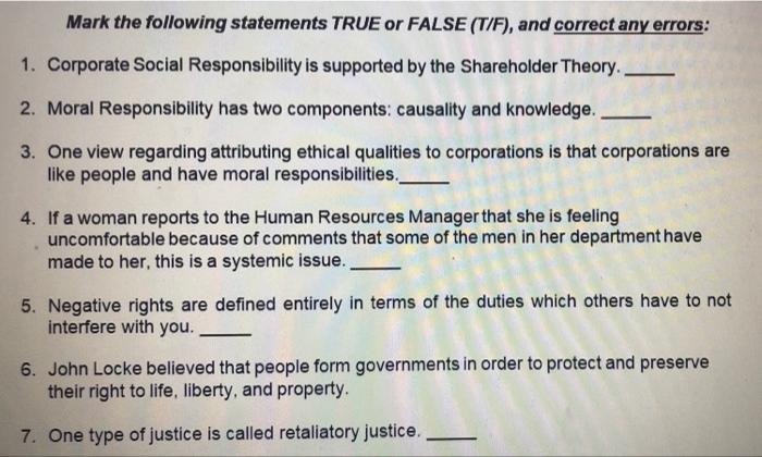 Mark the following statements TRUE or FALSE