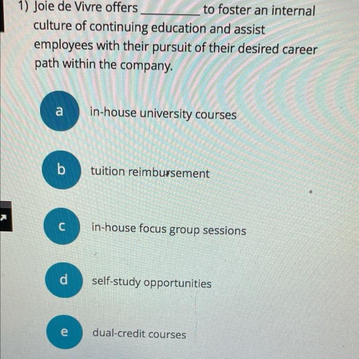 1) Joie de Vivre offers to foster an internal