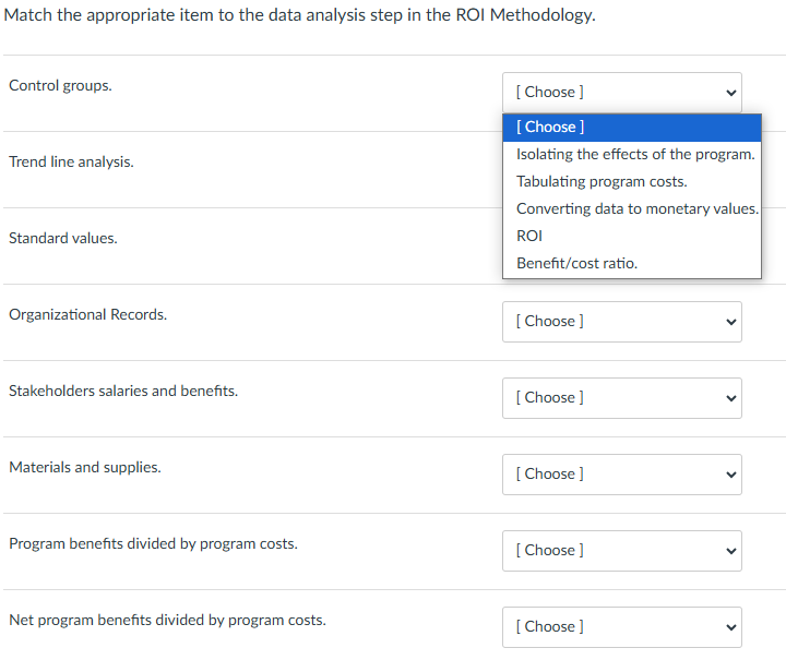 Match the appropriate item to the data analysis