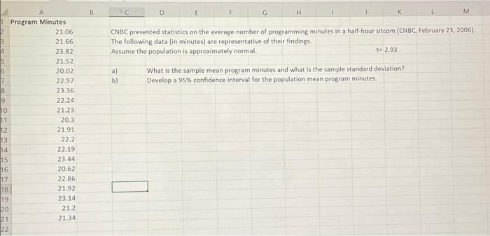 in excel B D E F G H K M CNBC presented