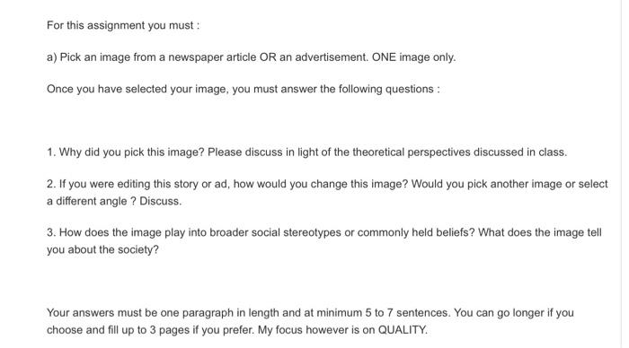  For this assignment you must : a) Pick an image from