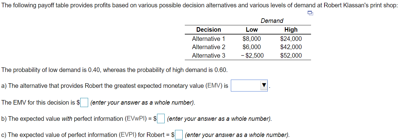 The following payoff table provides profits based