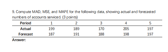 9 . Compute MAD, MSE, and MAPE for the following
