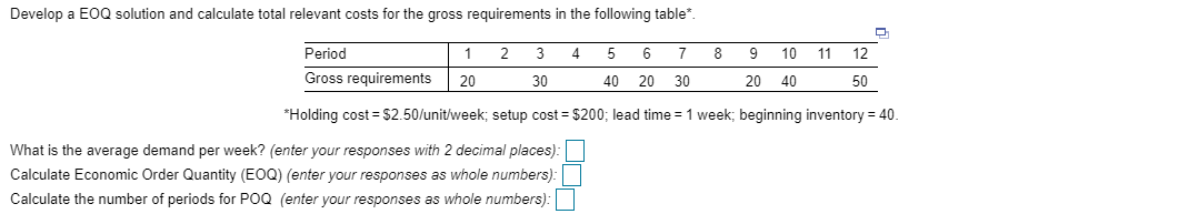 Develop an EOQ solution and calculate total