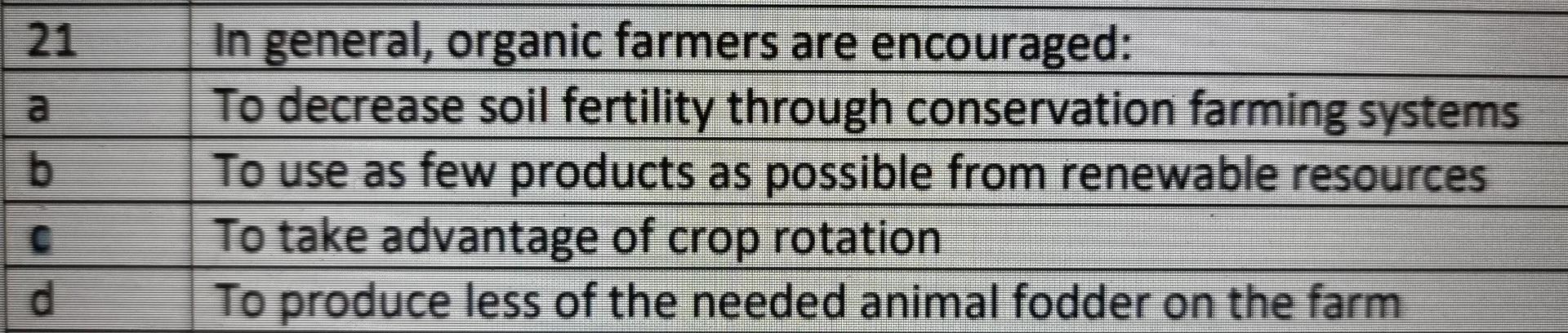 21 b In general, organic farmers are encouraged: