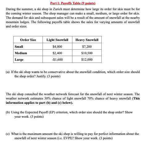 Part I: Payoffs Table (9 points) During the
