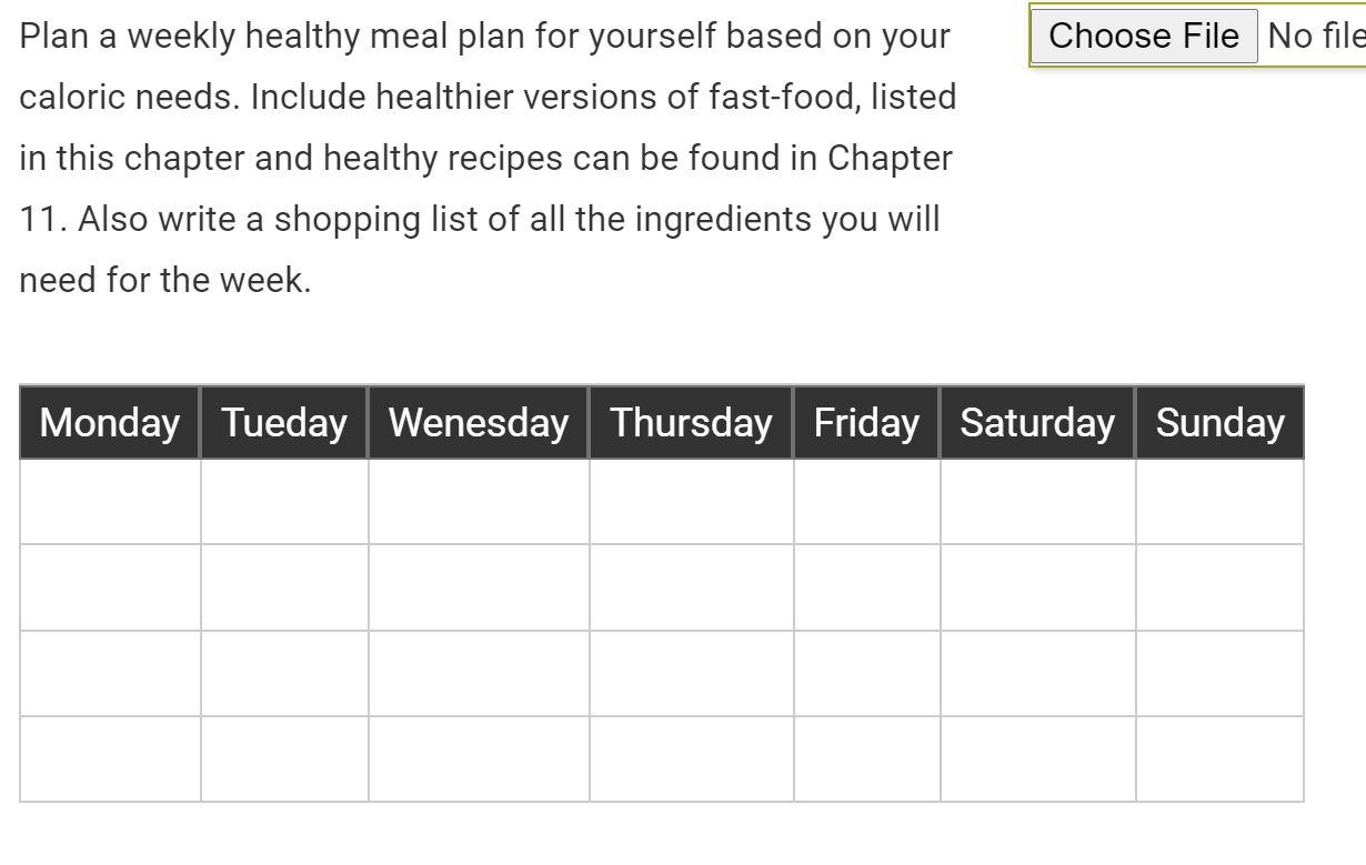 Choose File No file Plan a weekly healthy meal