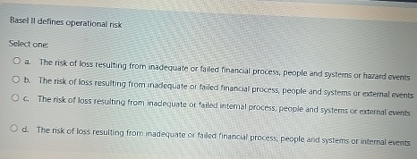 Basel II defines operational risk Select one: a .