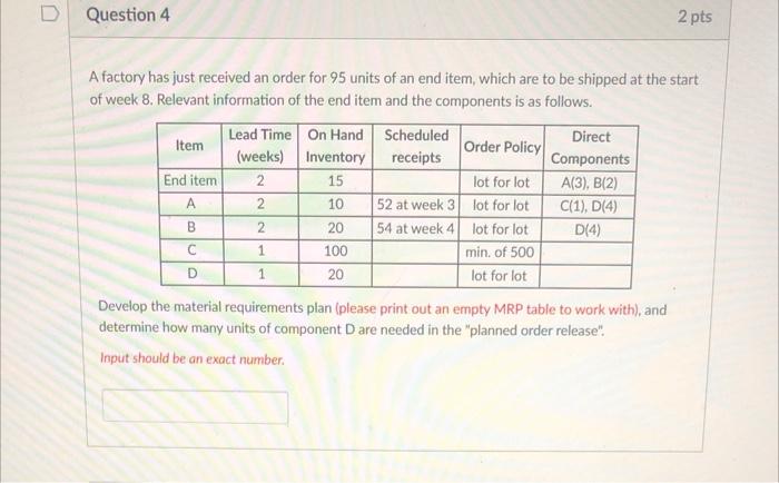 D Question 4 2 pts A factory has just received an