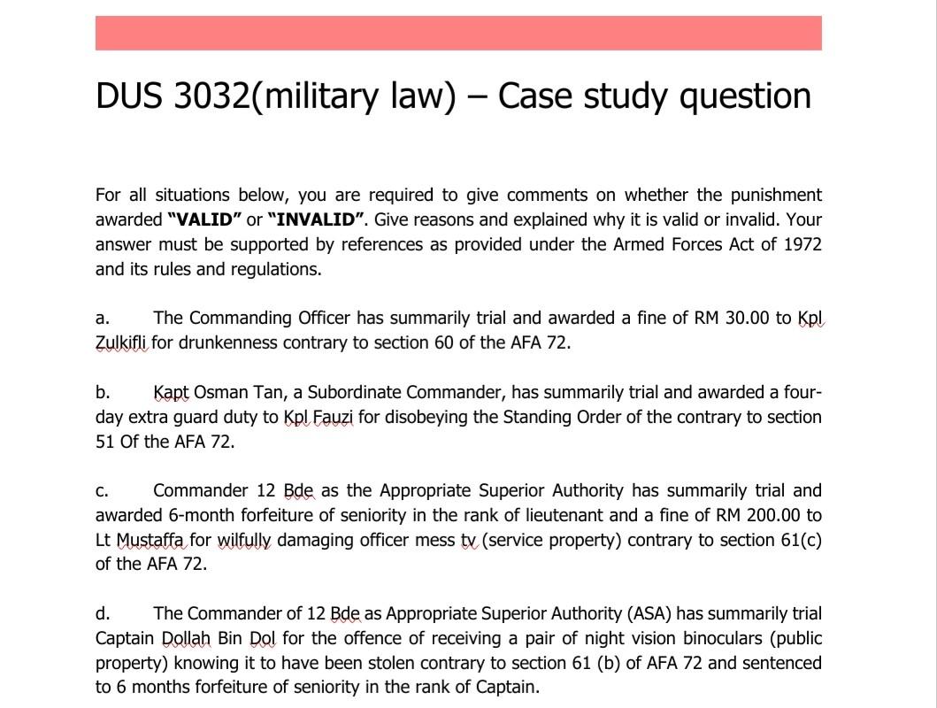DUS 3032(military law) Case study question For