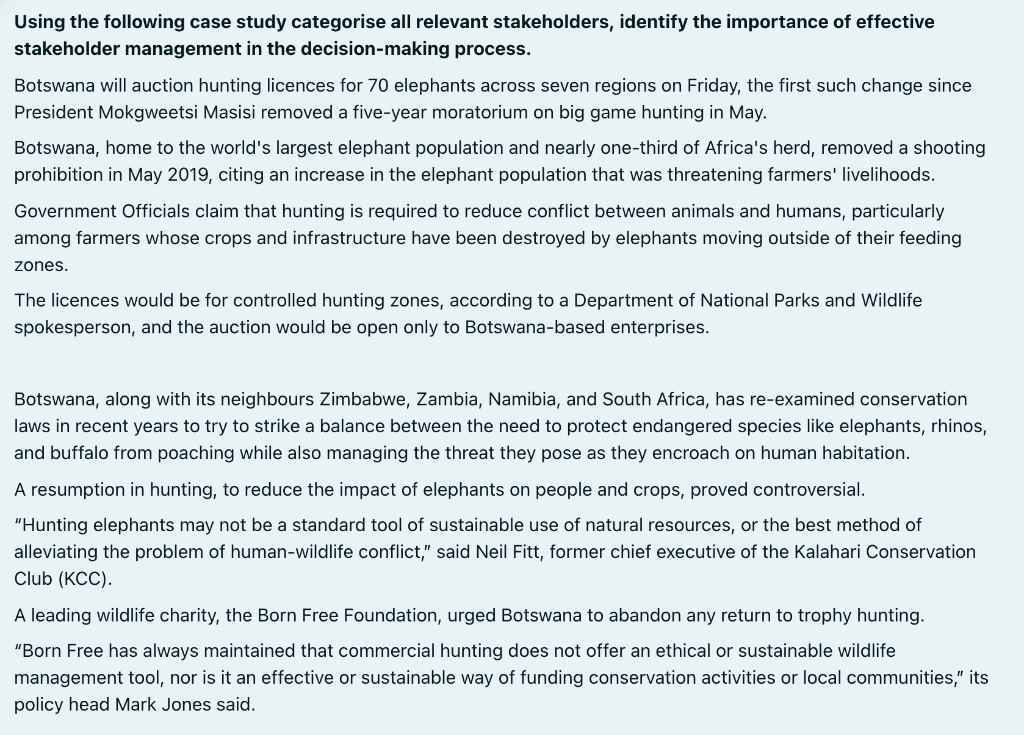 Using the following case study categorise all