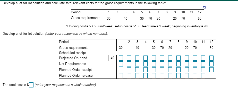 Develop a lot-for-lot solution and calculate