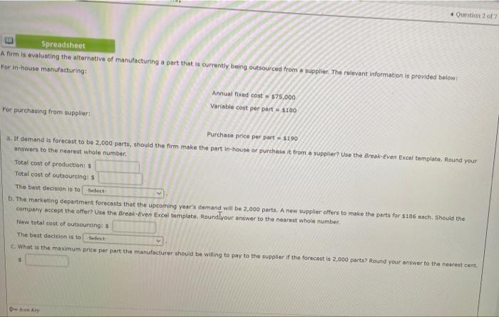 please help solve Question 2012 Spreadsheet A