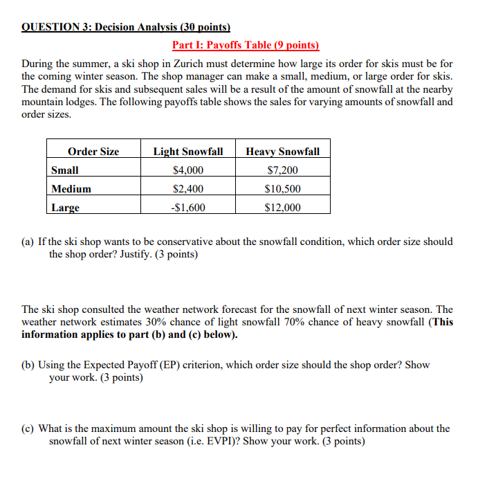 QUESTION 3: Decision Analysis (30 points) Part I: