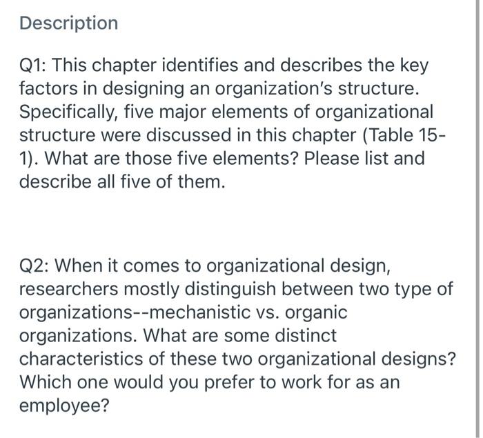 Description Q1: This chapter identifies and