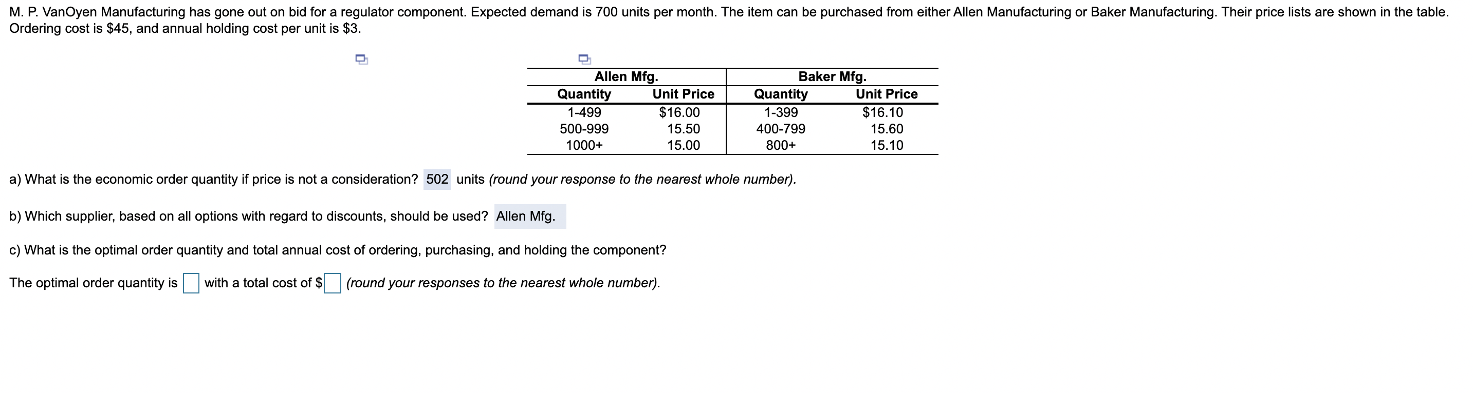 M. P. VanOyen Manufacturing has gone out on bid