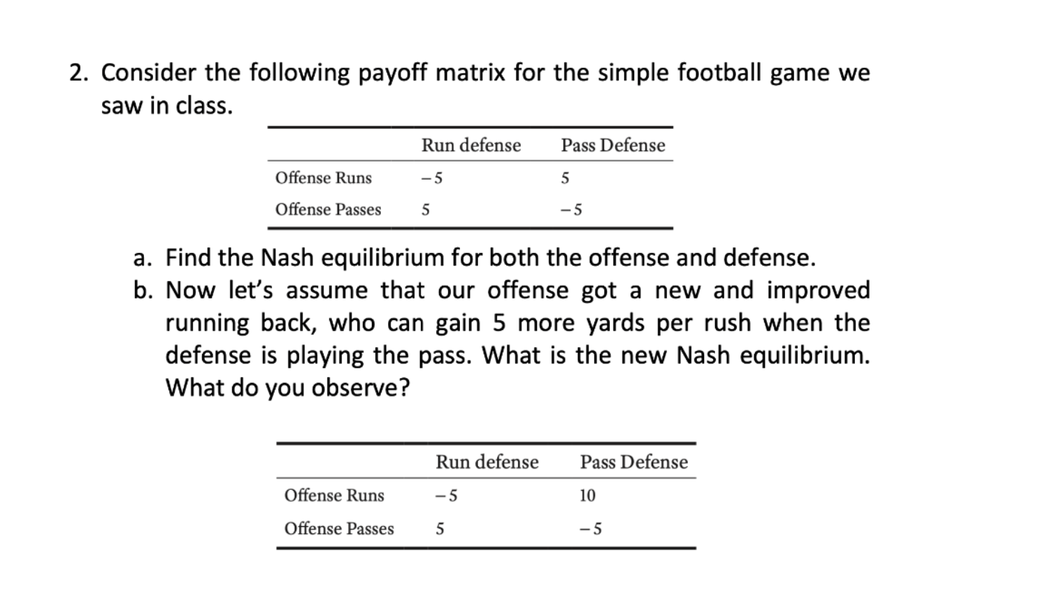 2. Consider the following payoff matrix for the