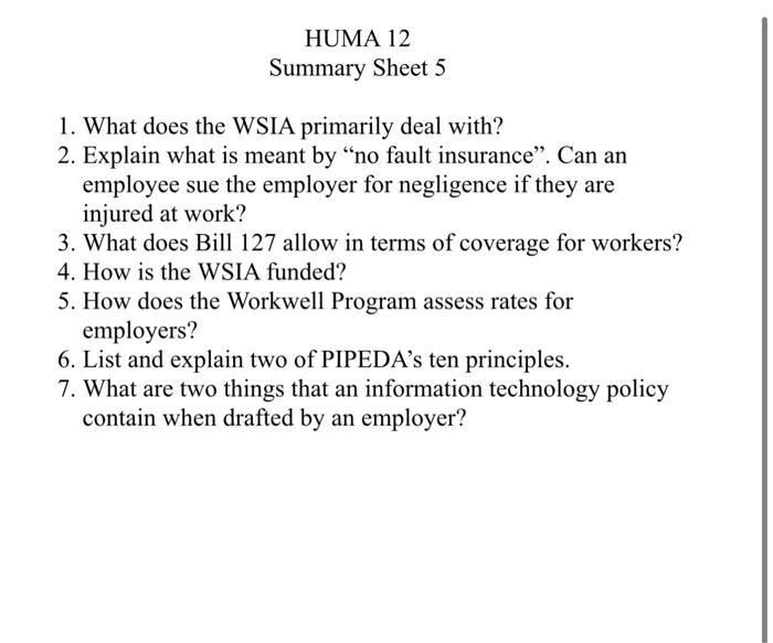 HUMA 12 Summary Sheet 5 1. What does the WSIA