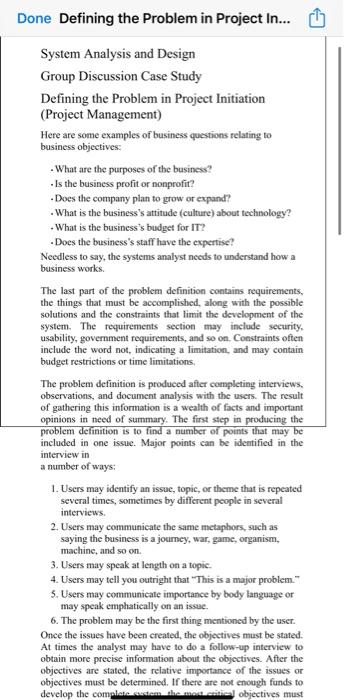 Done Defining the Problem in Project In... System