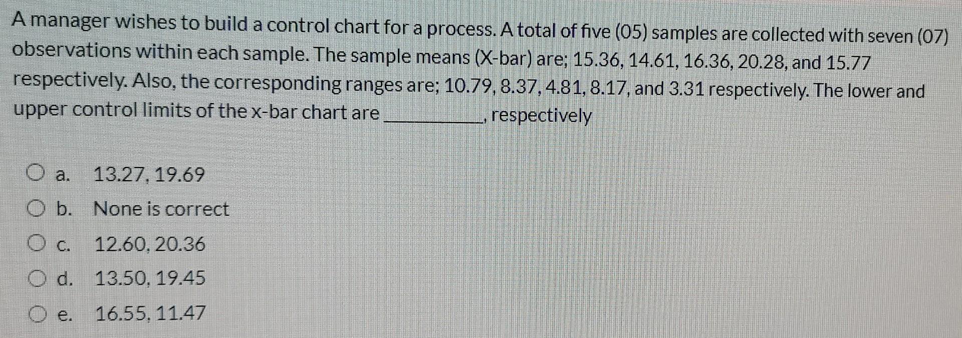 A manager wishes to build a control chart for a