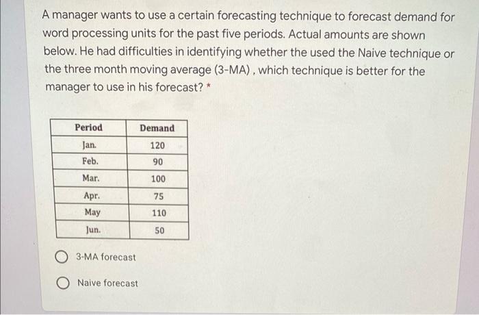 A manager wants to use a certain forecasting
