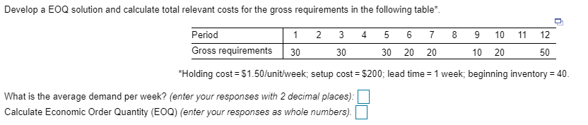 Develop an EOQ solution and calculate total