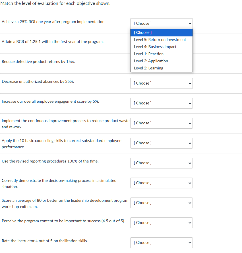 Match the level of evaluation for each objective